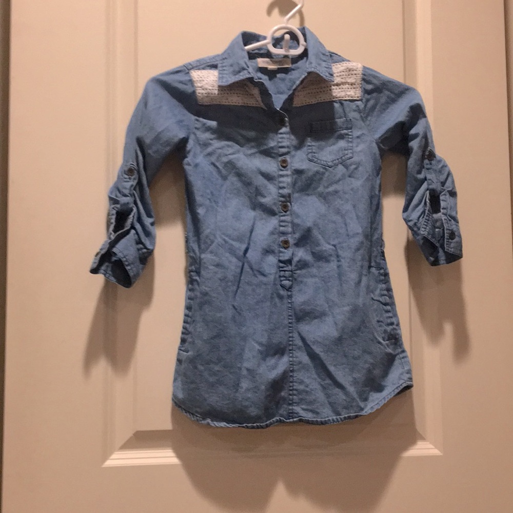 Wallflower girls Denim Embroidery Lace detail Dress pockets/belt loops size S(4)
